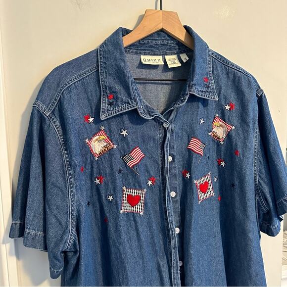 Vintage Quizz Blue July 4th Eagle Patriotic American Flag Denim Top 22/24 - Picture 6 of 10
